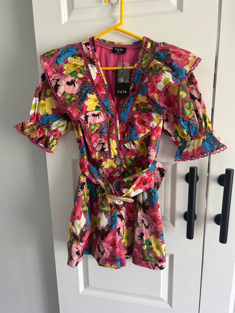 Fate Bright Floral V-Neck Belted Romper in Pink Multicolor‎ medium